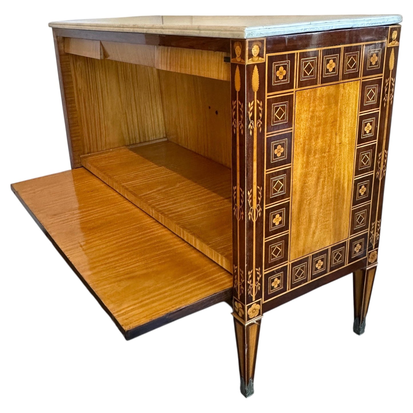 Italian Neoclassical Marquetry Storage Commode with Carrara Marble Top — Circa 1940's