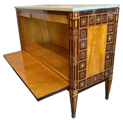 Italian Neoclassical Marquetry Storage Commode with Carrara Marble Top — Circa 1940's