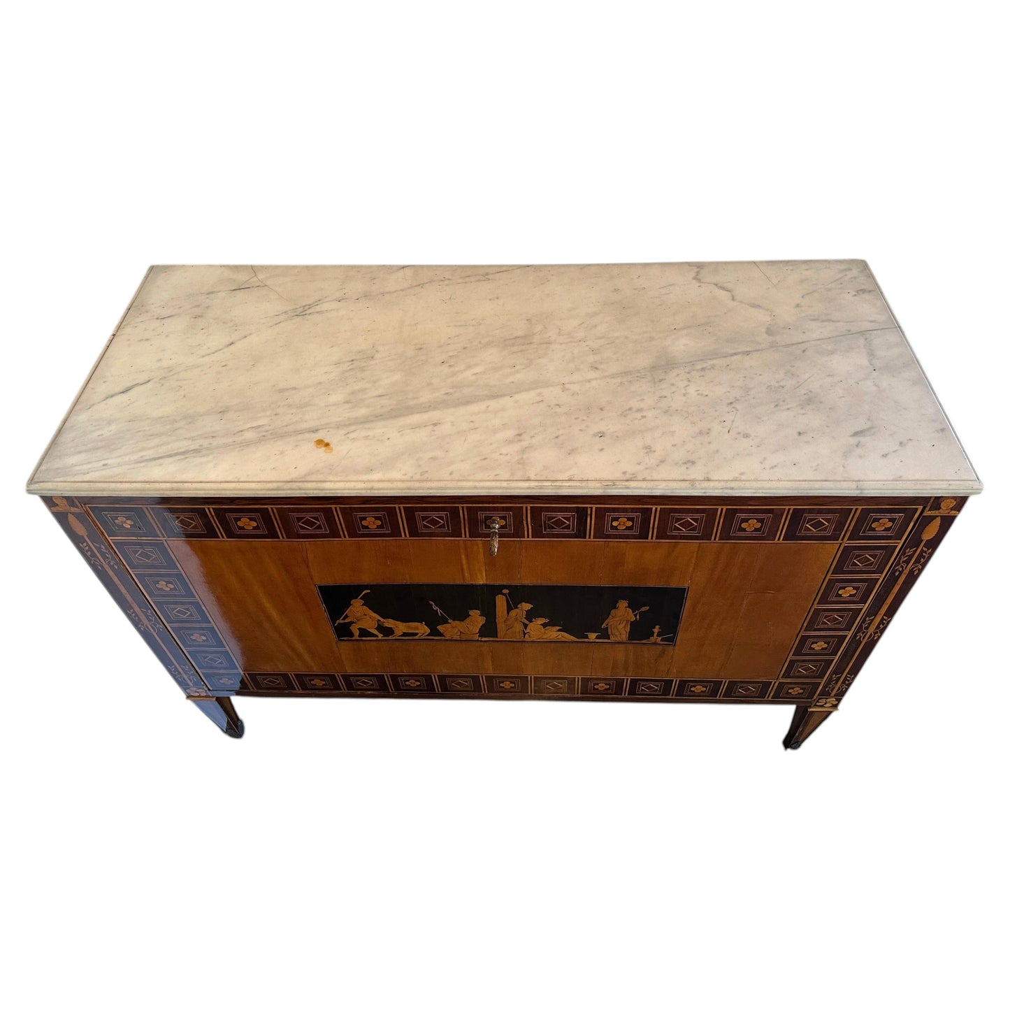 Italian Neoclassical Marquetry Storage Commode with Carrara Marble Top — Circa 1940's