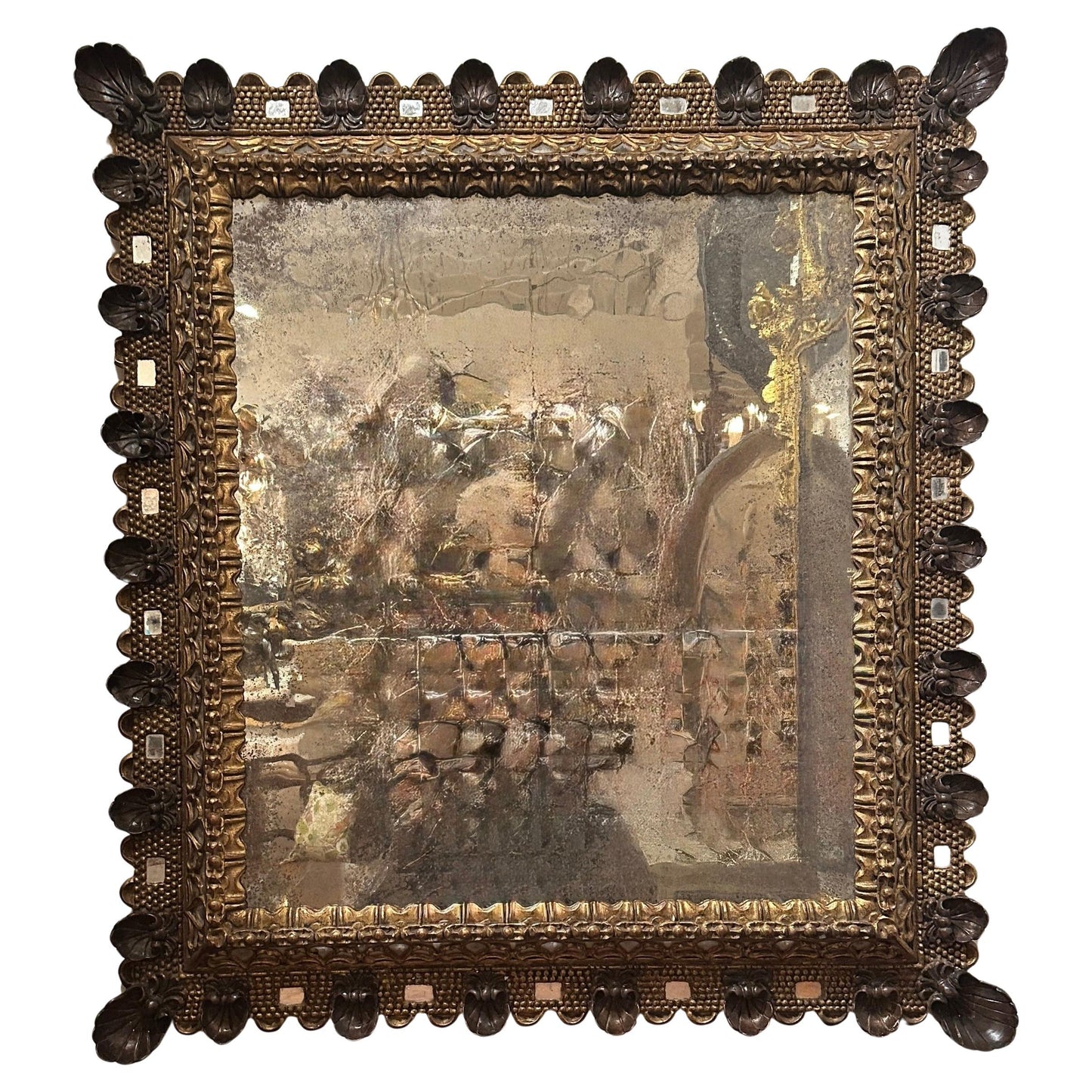 Early 19th Century-Italian- Hand-Carved Gilded and Painted Mirror Frame with Shell Motifs