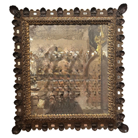 Early 19th Century-Italian- Hand-Carved Gilded and Painted Mirror Frame with Shell Motifs