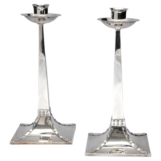 Pair of English Arts and Crafts, Hallmarked Sterling Silver Candlesticks-Circa 1905