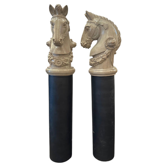 Pair of 19th Century- French Wooden Stable Horse Head Sculptures on Wooden Bases