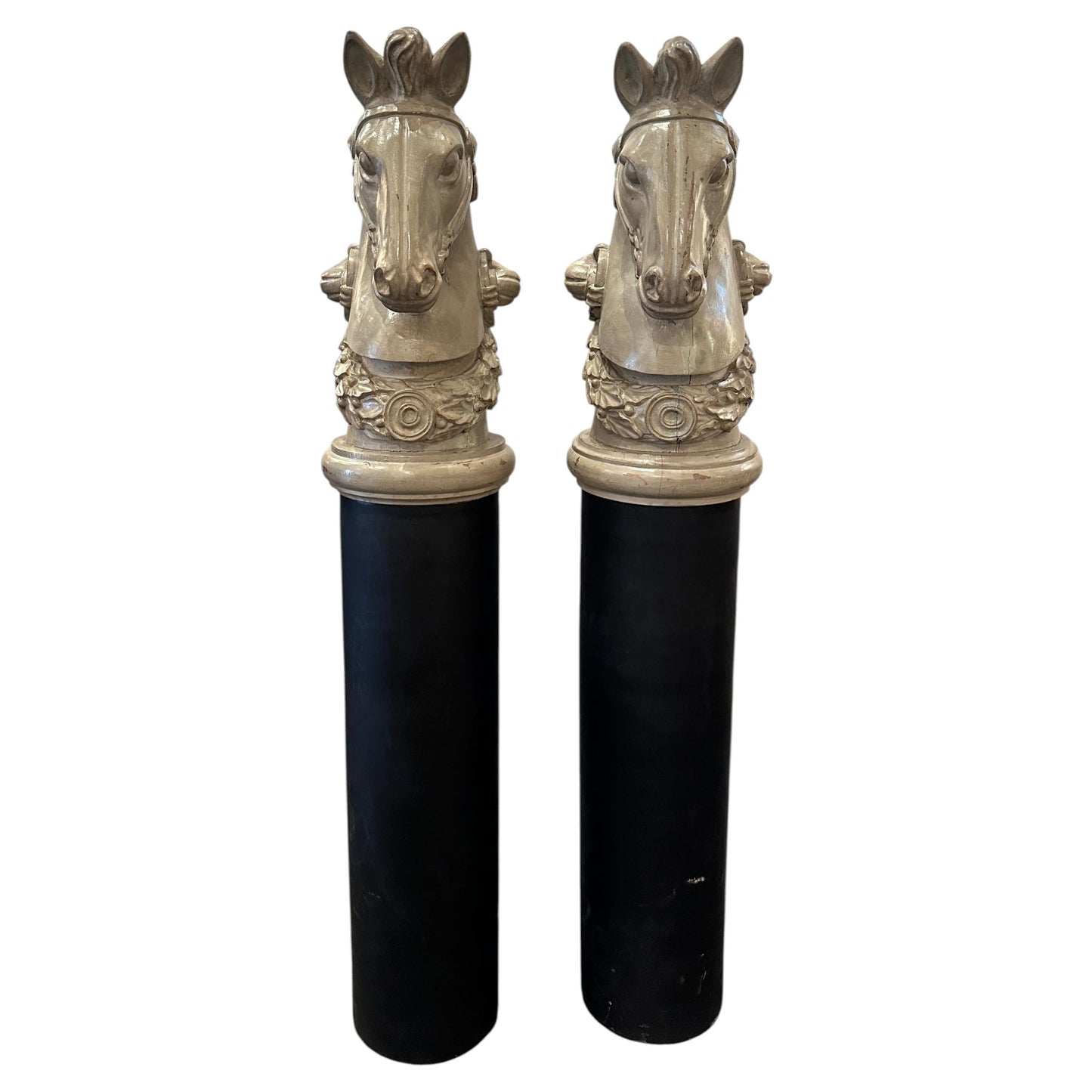 Pair of 19th Century- French Wooden Stable Horse Head Sculptures on Wooden Bases