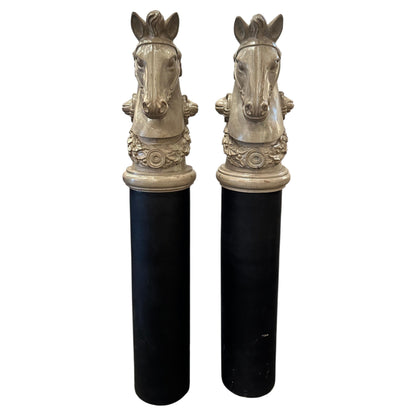 Pair of 19th Century- French Wooden Stable Horse Head Sculptures on Wooden Bases