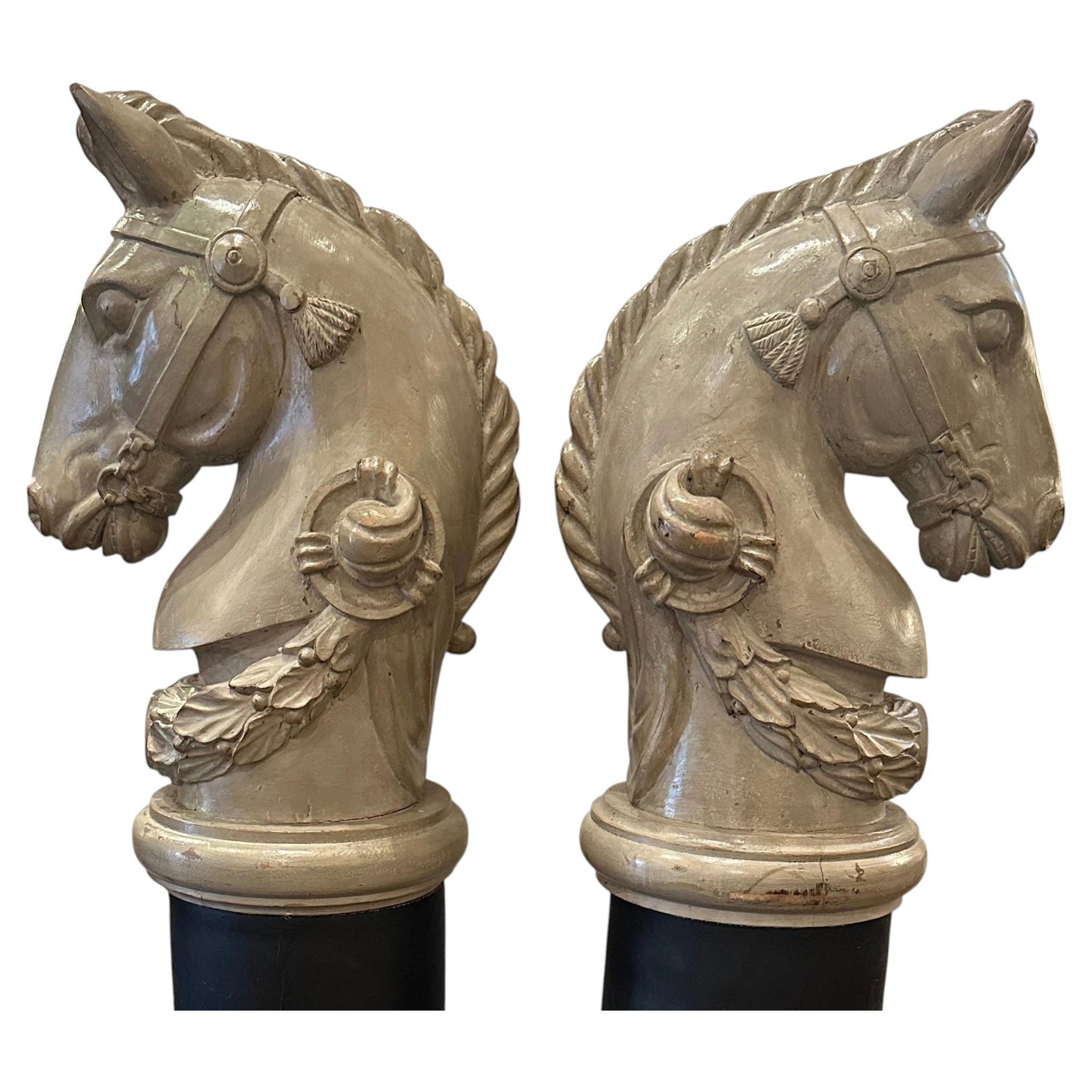 Pair of 19th Century- French Wooden Stable Horse Head Sculptures on Wooden Bases