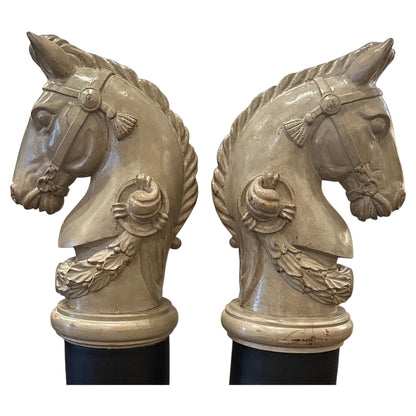 Pair of 19th Century- French Wooden Stable Horse Head Sculptures on Wooden Bases