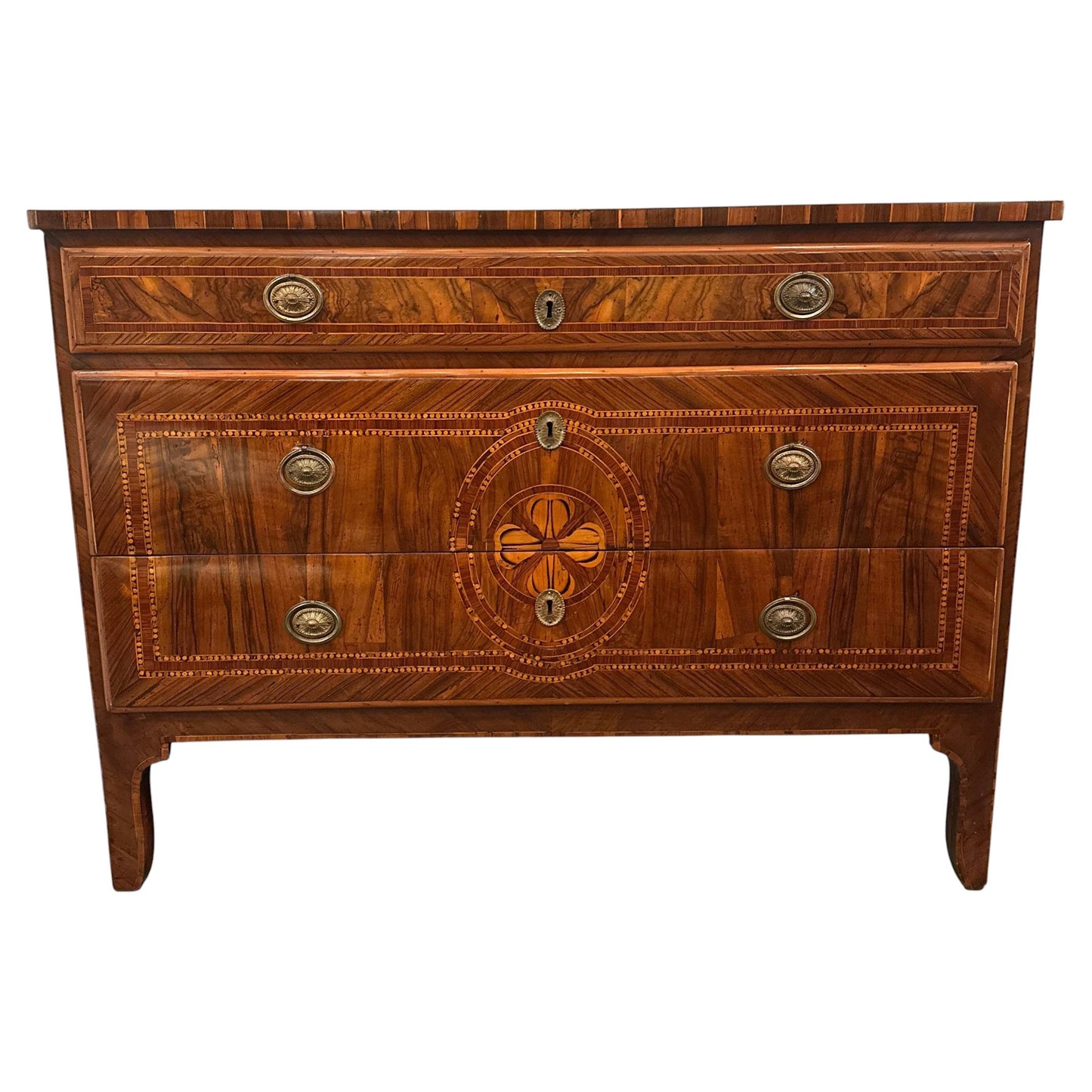 Veneered and Inlaid Walnut Three-Drawer Chest Naples, Italy, Circa 1850