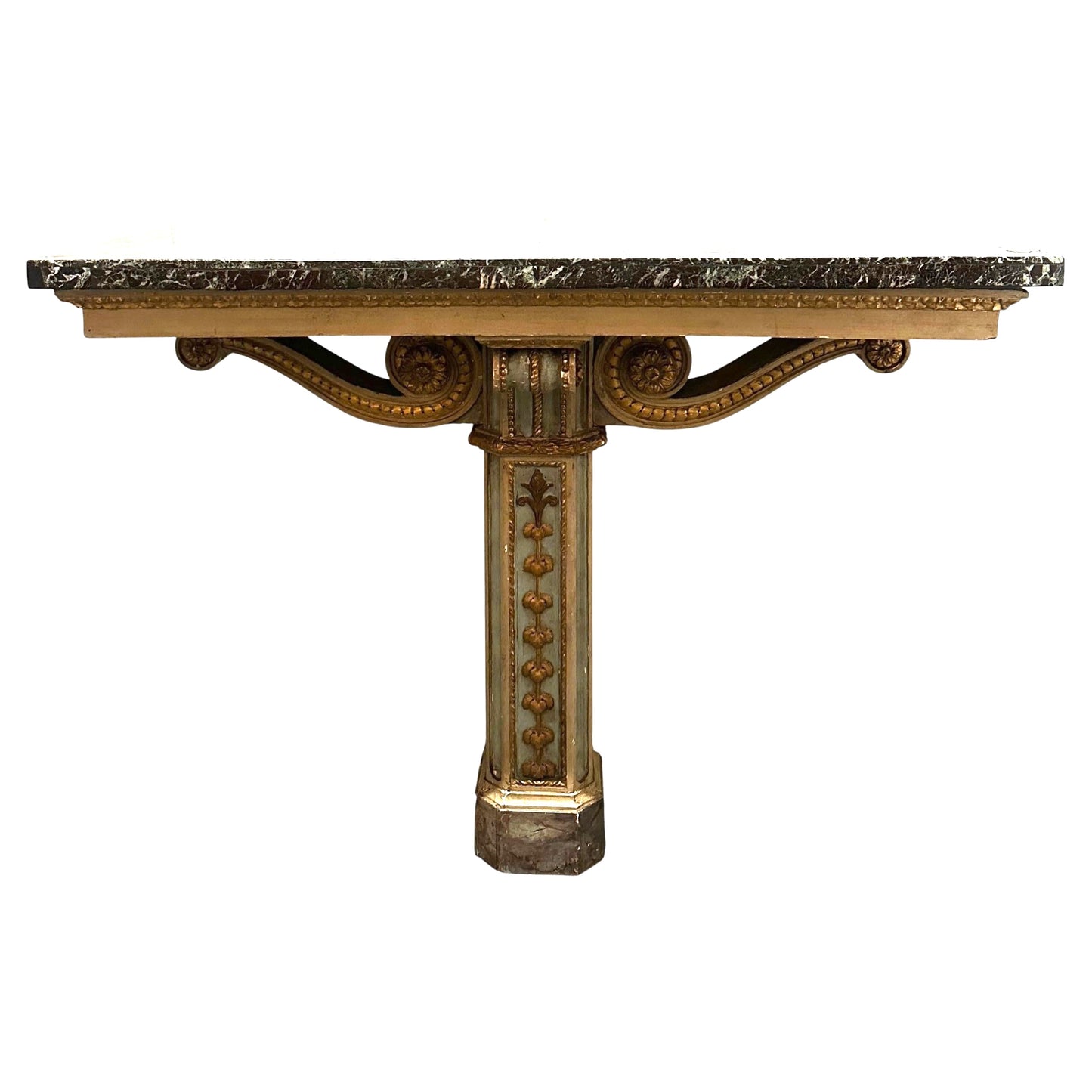 Italian Hand-Carved and Hand-Painted Pedestal Console with Marble Top Italy, 19th Century