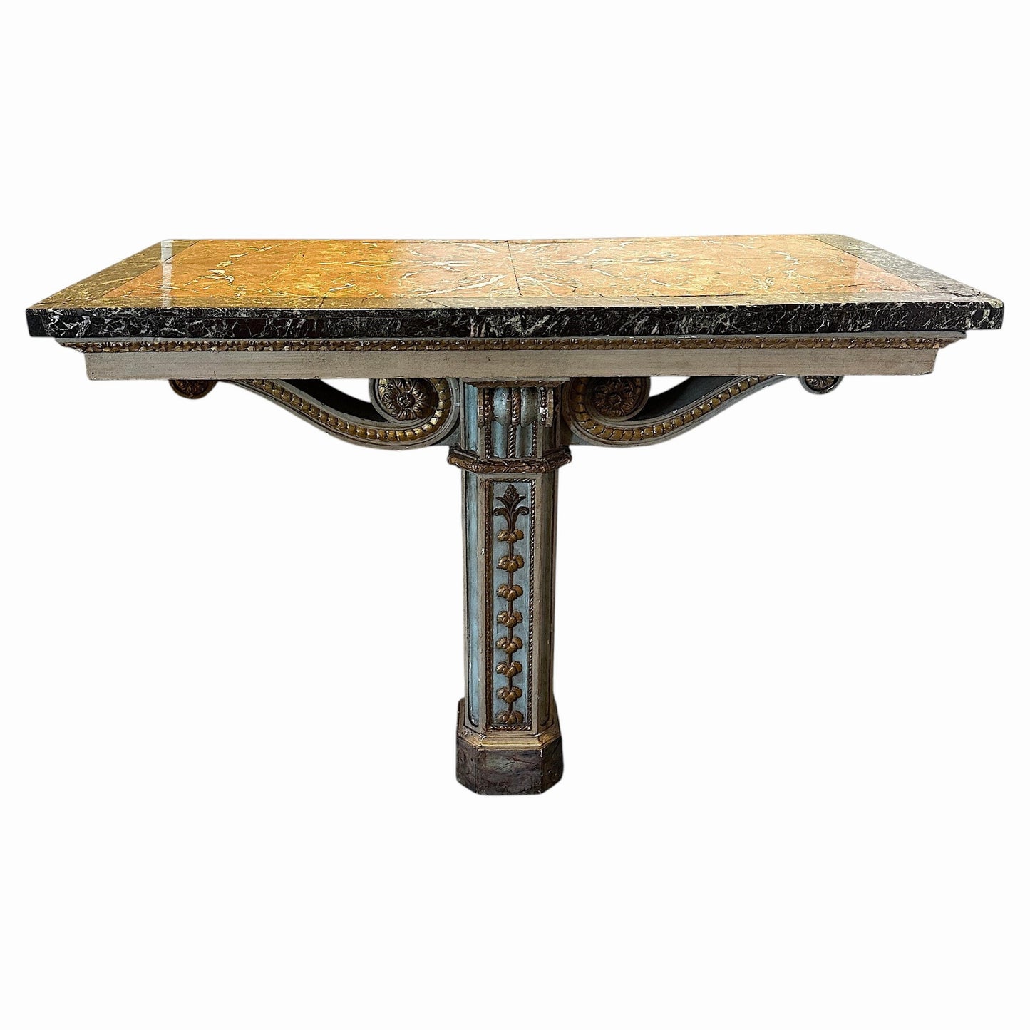 Italian Hand-Carved and Hand-Painted Pedestal Console with Marble Top Italy, 19th Century