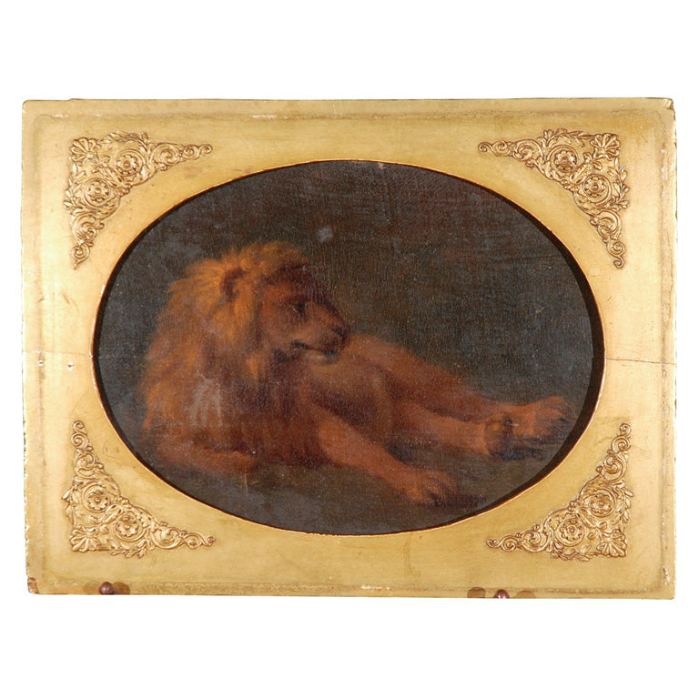 Original, French Painting of a Recumbent Lion