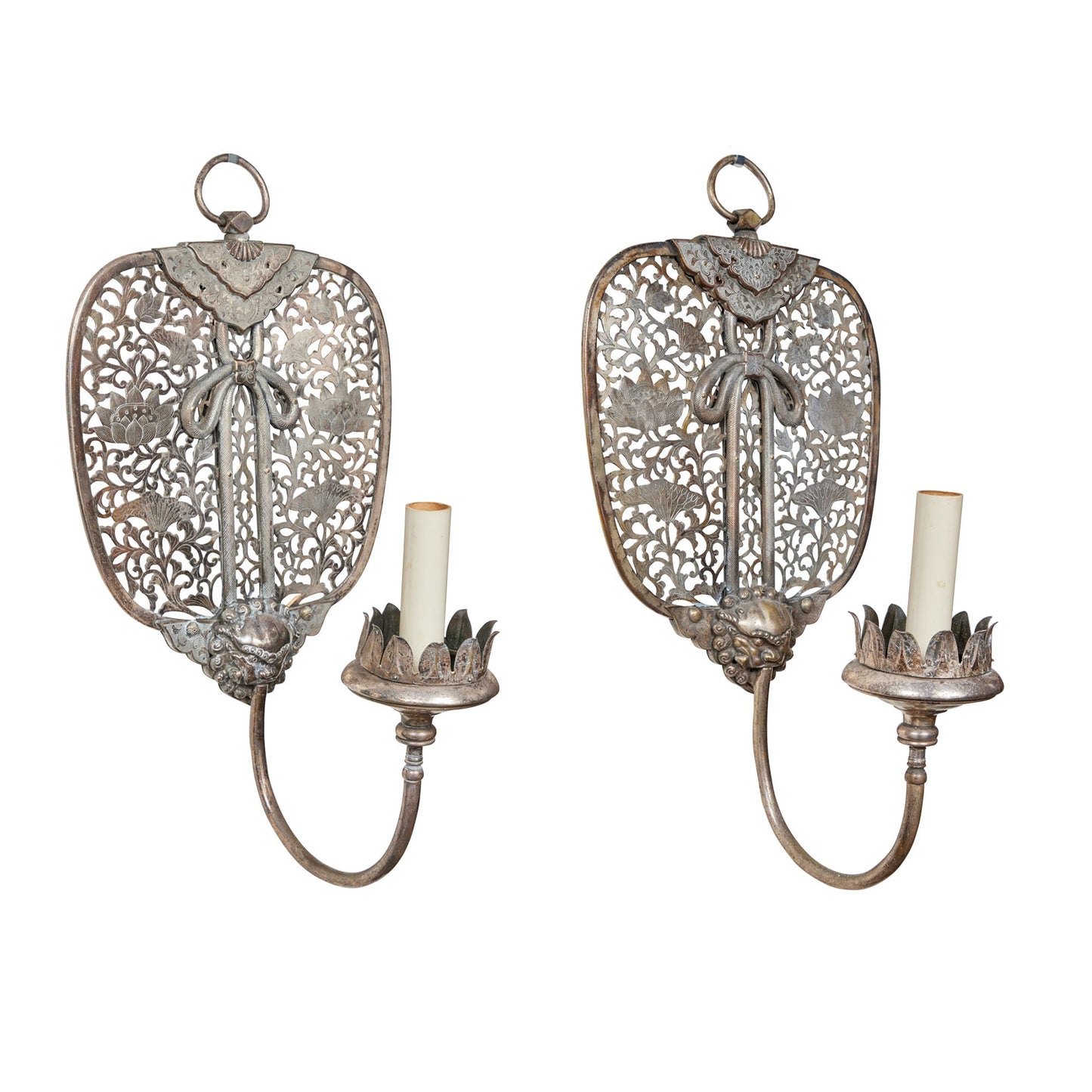 Antique, Silver Plated Chinoiserie Sconces