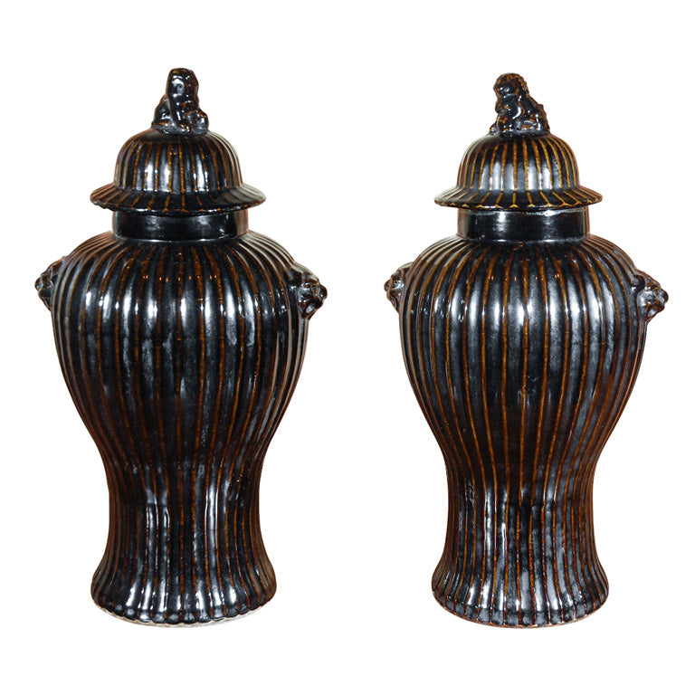 Pair of Chinese, Ribbed Vases